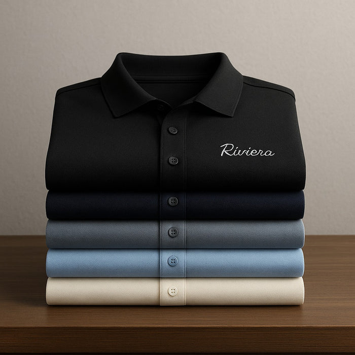 [Leve 5, Pague Só 3] Camisa Polo Riviero Masculina em Seda Natural de Amoreira, Poliéster e Rayon + Relógio, Cinto e Carteira de Brinde