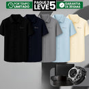 [Leve 5, Pague Só 3] Camisa Polo Riviero Masculina em Seda Natural de Amoreira, Poliéster e Rayon + Relógio, Cinto e Carteira de Brinde