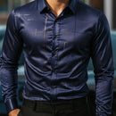 [Leve 5, Pague Só 3] Camisa Social Acetinada de Manga Longa Casual Luzian em 83% Algodão Peruano, 11% Seda Gelo e 6% Elastano + Brindes: Cinto, Relógio e Carteira