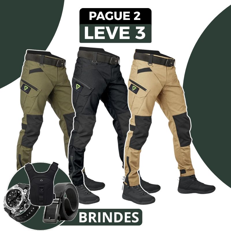 [Leve 3, Pague 2] Kit com 3 Calças Militares Linori em Tecido RipStop e Poliéster +BRINDES: Relógio Tático e Cinto Tático e Mini Bag