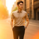 [Leve 4, Pague Só 2] Camisa Social de Manga Curta Mabello Masculina em Seda Natural, Poliéster e Rayon + Cinto, Carteira e Relógio GRÁTIS