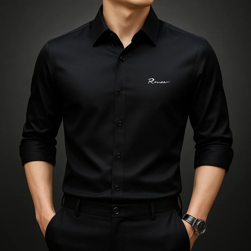 [Leve 5, Pague Só 3] Camisa Social Rienzo Masculina de Manga Longa em Lã de Seda Mulberry, Poliéster e Viscose + Cinto, Carteira e Relógio GRÁTIS