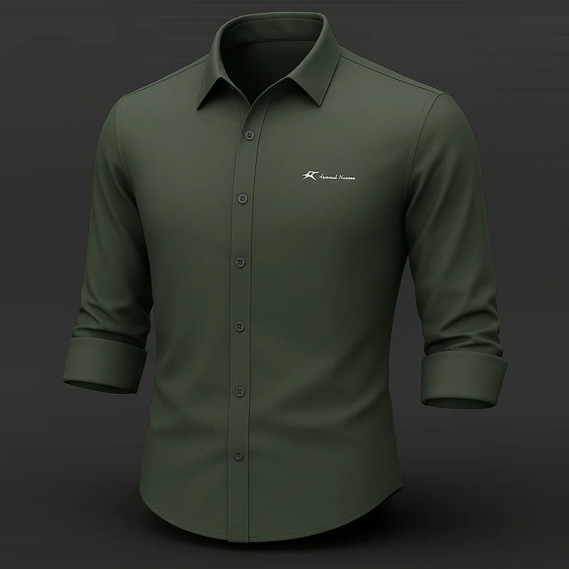 [Leve 5, Pague Só 3] Camisa Social Rienzo Masculina de Manga Longa em Lã de Seda Mulberry, Poliéster e Viscose + Cinto, Carteira e Relógio GRÁTIS