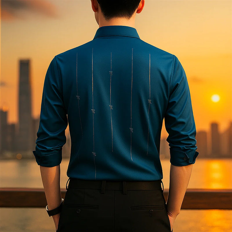 [Leve 5, Pague Só 3] Camisa Social Marquessio Masculina de Manga Longa em Seda Mulberry, Tencel e Poliéster + Relógio, Carteira e Cinto Grátis