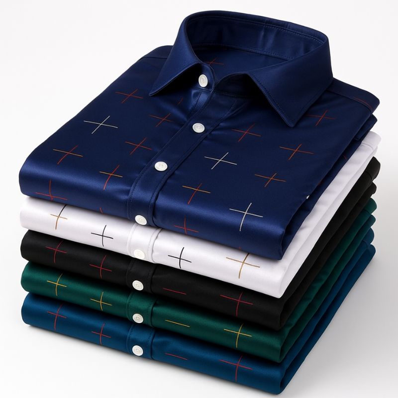 [Leve 5, Pague Só 3] Camisa Social Acetinada de Manga Longa Casual Luzian em 83% Algodão Peruano, 11% Seda Gelo e 6% Elastano + Brindes: Cinto, Relógio e Carteira