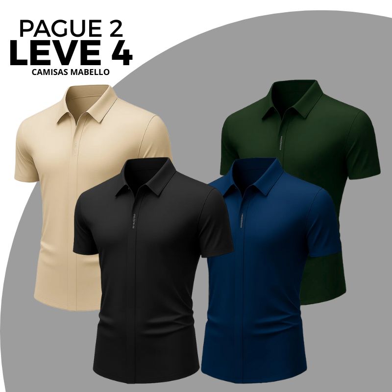 [Leve 4, Pague Só 2] Camisa Social de Manga Curta Mabello Masculina em Seda Natural, Poliéster e Rayon + Cinto, Carteira e Relógio GRÁTIS