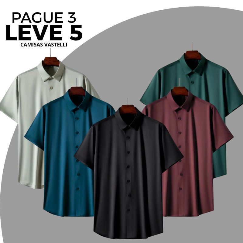 [Leve 5, Pague Só 3] Camisa Social Vastelli Masculina de Manga Curta em Nylon Japonês, Tencel e Poliéster + Porta-Cartão, Caneta Executiva e Relógio de Couro Grátis