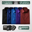 [Leve 5, Pague Só 3] Camisa Social Acetinada de Manga Longa Casual Luzian em 83% Algodão Peruano, 11% Seda Gelo e 6% Elastano + Brindes: Cinto, Relógio e Carteira