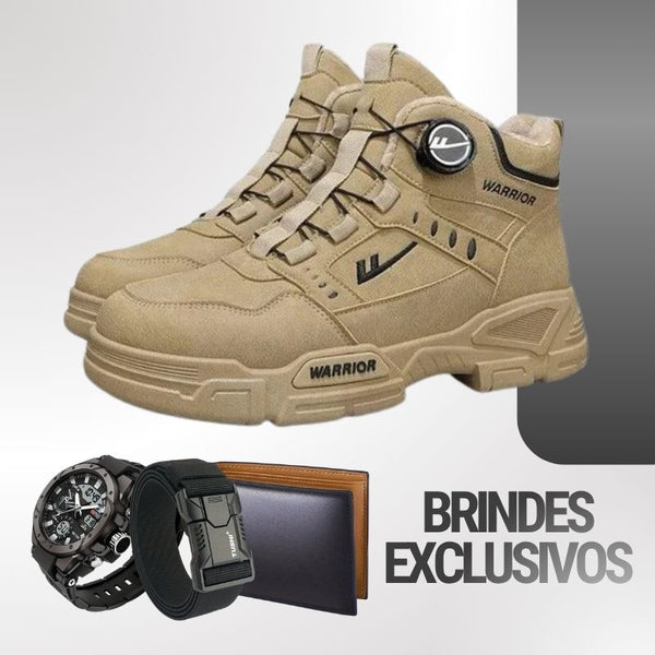 Bota Masculina Vortex com Amarração por Polia Discreta em Couro Legítimo + Cinto, Carteira e Relógio de Brinde